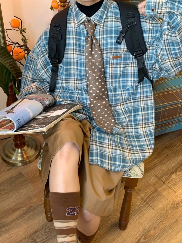 Japanese Retro Plaid Short Sleeve Shirt for Men and Women, Summer Loose Checkered Half Sleeve Top, Versatile 90s Style Fashion