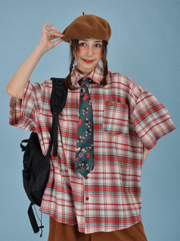 Japanese Retro Plaid Short Sleeve Shirt for Men and Women, Summer Loose Checkered Half Sleeve Top, Versatile 90s Style Fashion