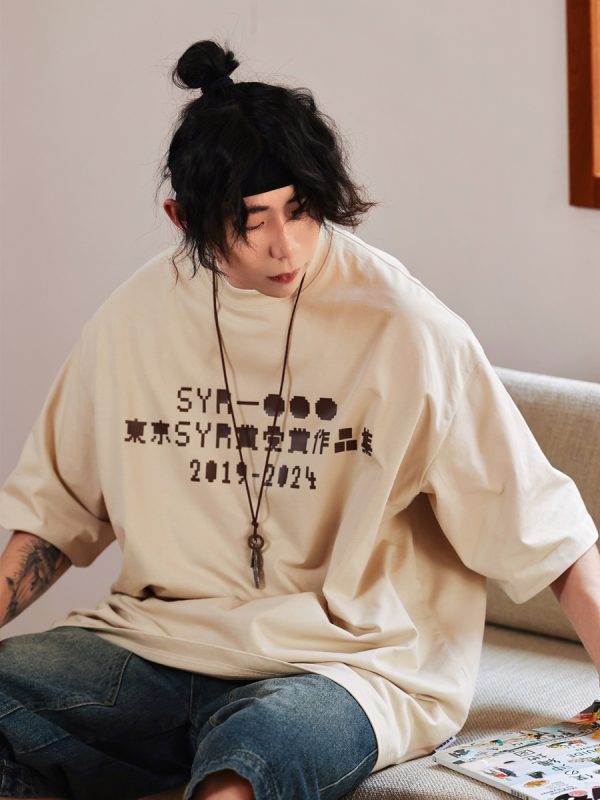 Japanese Retro Round Neck City Boy Short Sleeve T-Shirt for Men - Loose Fit Trendy Letter Print Tee, Y2K Style Fashion Top