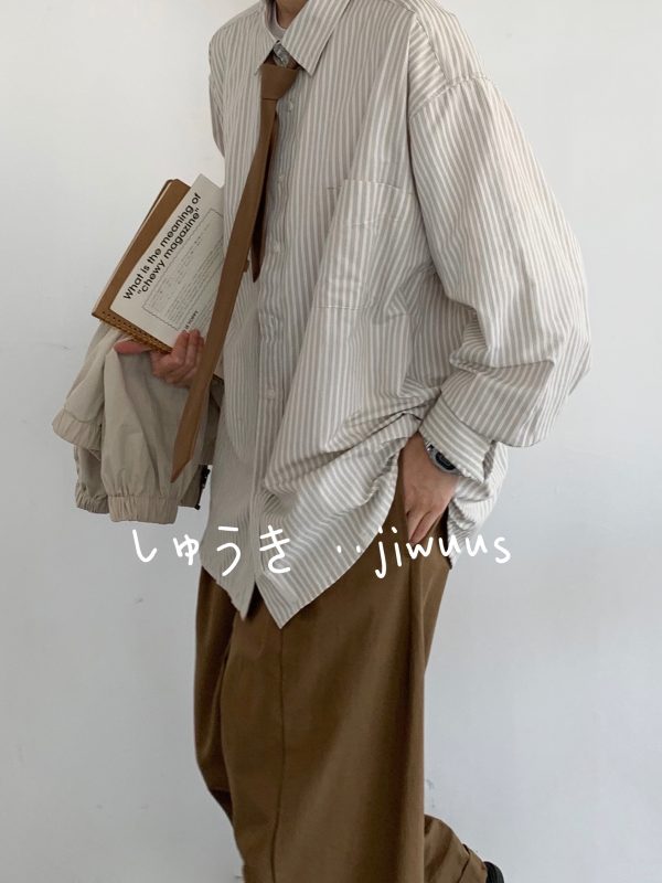 Japanese Retro Striped Long Sleeve Shirt for Men and Women, Loose Casual College Style Jacket, Light-Colored Spring Autumn Fashion