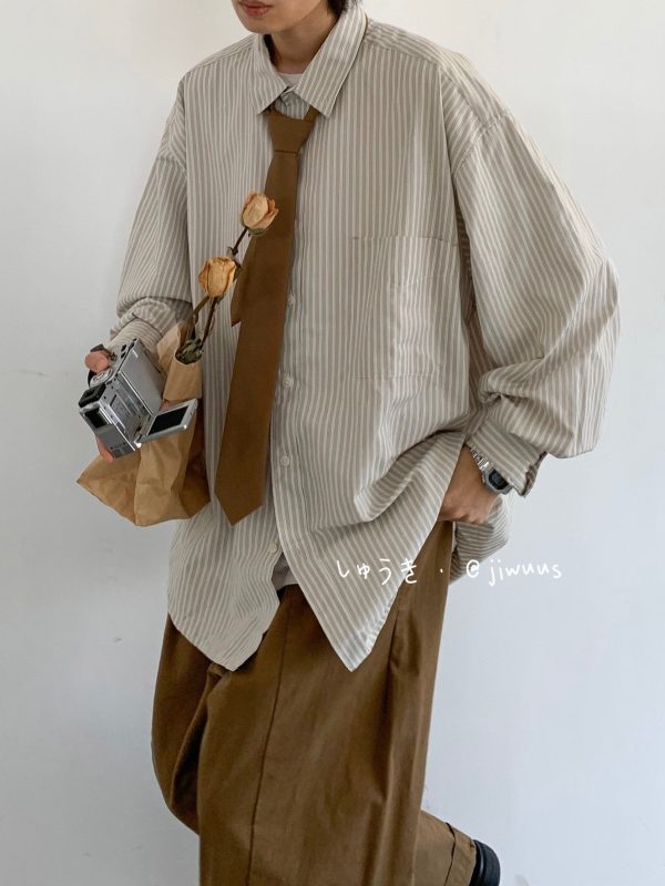 Japanese Retro Striped Long Sleeve Shirt for Men and Women, Loose Casual College Style Jacket, Light-Colored Spring Autumn Fashion
