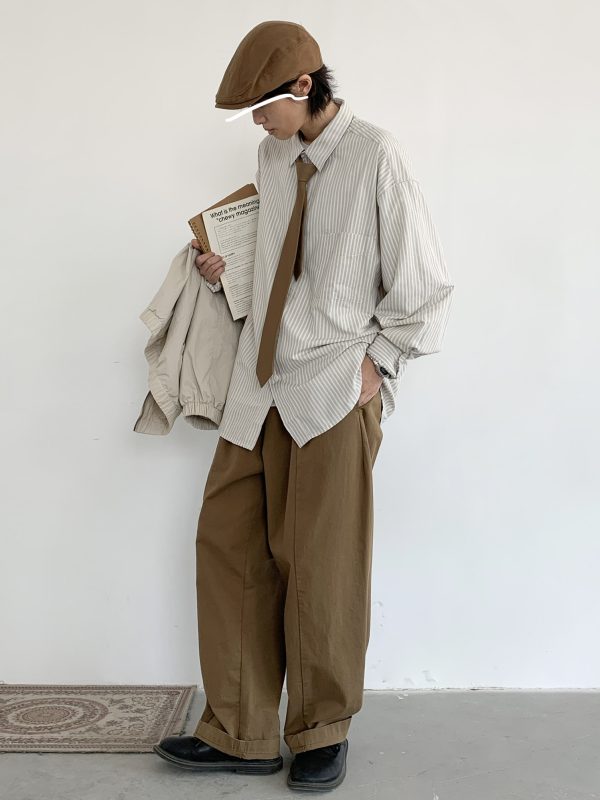 Japanese Retro Striped Long Sleeve Shirt for Men and Women, Loose Casual College Style Jacket, Light-Colored Spring Autumn Fashion
