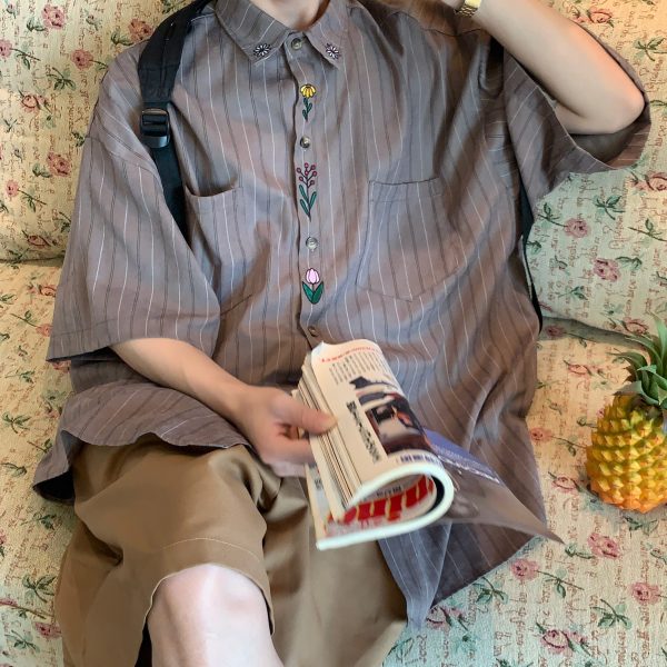 Japanese Retro Vertical Striped Short Sleeve Shirt, Handmade Vintage Embroidered Summer Couple Top, Y2K Niche Design