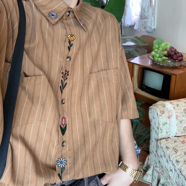 Japanese Retro Vertical Striped Short Sleeve Shirt, Handmade Vintage Embroidered Summer Couple Top, Y2K Niche Design