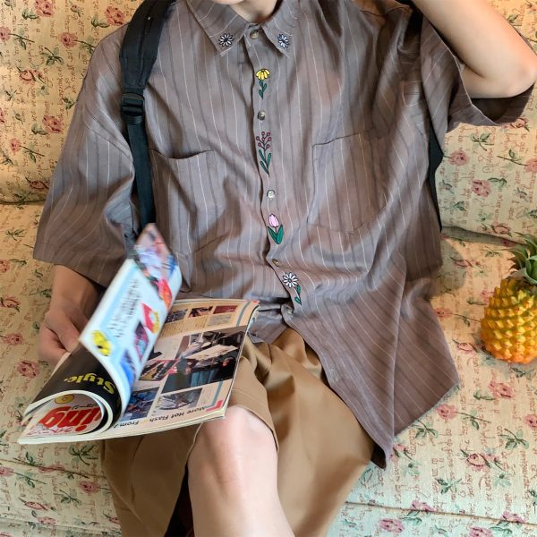 Japanese Retro Vertical Striped Short Sleeve Shirt, Handmade Vintage Embroidered Summer Couple Top, Y2K Niche Design