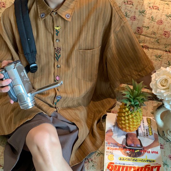 Japanese Retro Vertical Striped Short Sleeve Shirt, Handmade Vintage Embroidered Summer Couple Top, Y2K Niche Design