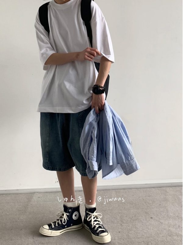 Japanese-Style Heavyweight 260g Loose Short-Sleeve T-Shirt for Men and Women - Summer City Boy Casual College Tee