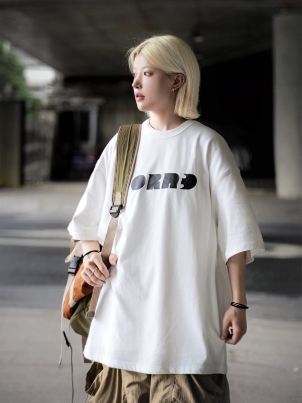 Japanese Style Letter Print Dark Green Short Sleeve T-Shirt for Men - Heavyweight 90s American Trendy Spring/Summer Fashion