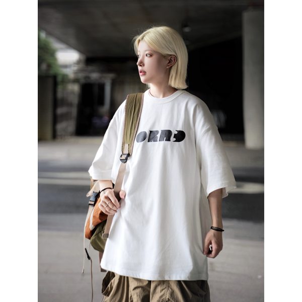 Japanese Style Letter Print Dark Green Short Sleeve T-Shirt for Men - Heavyweight 90s American Trendy Spring/Summer Fashion