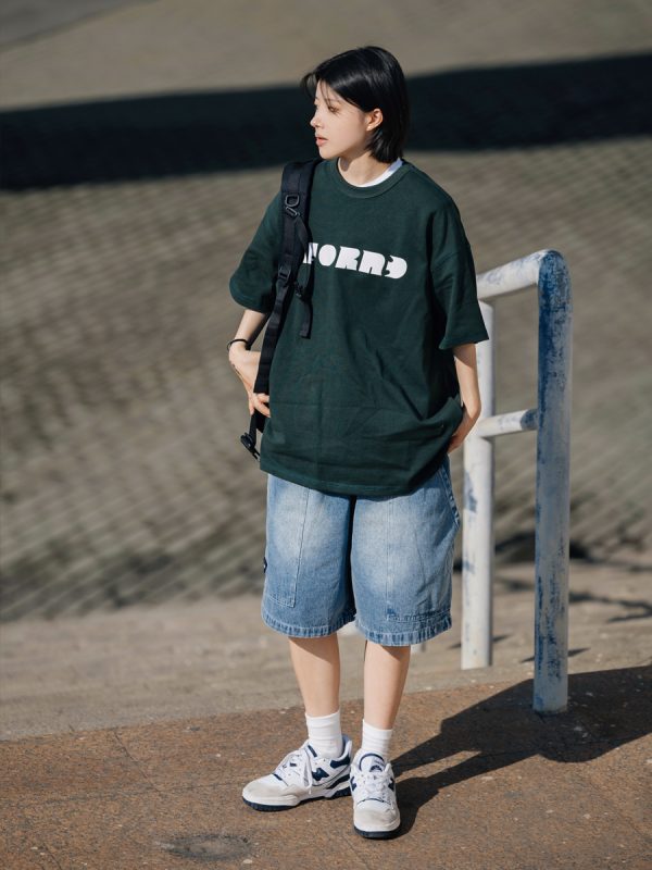 Japanese Style Letter Print Dark Green Short Sleeve T-Shirt for Men - Heavyweight 90s American Trendy Spring/Summer Fashion