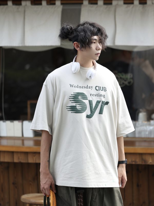 Japanese-Style Letter Print Heavyweight Round Neck Short Sleeve T-Shirt for Men - Loose Versatile Summer Tee