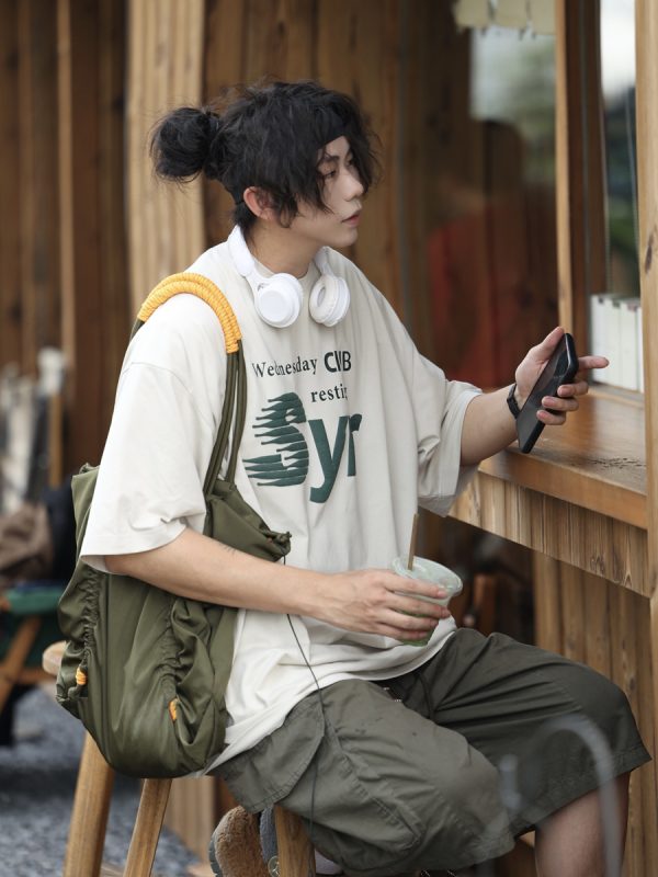 Japanese-Style Letter Print Heavyweight Round Neck Short Sleeve T-Shirt for Men - Loose Versatile Summer Tee