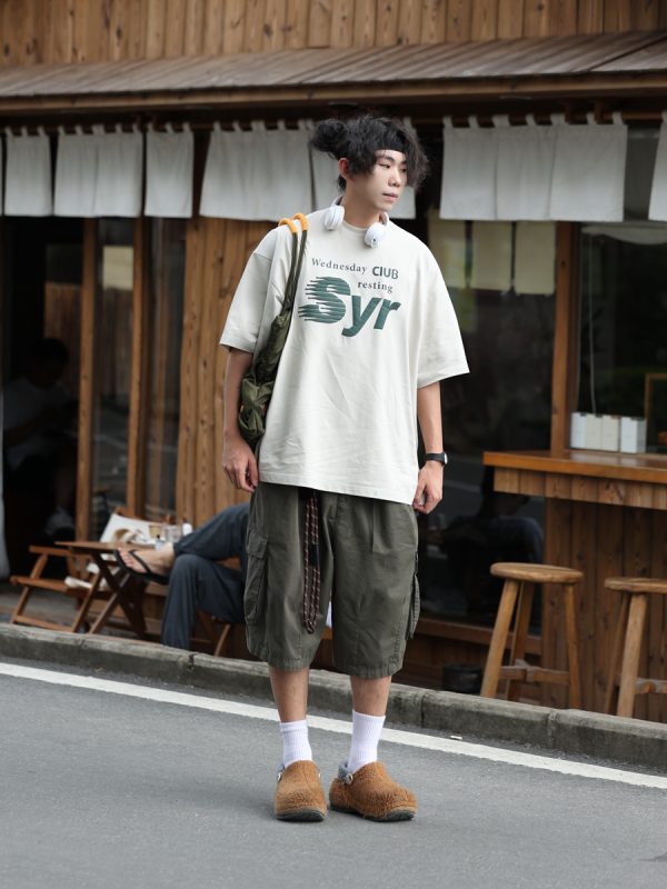 Japanese-Style Letter Print Heavyweight Round Neck Short Sleeve T-Shirt for Men - Loose Versatile Summer Tee