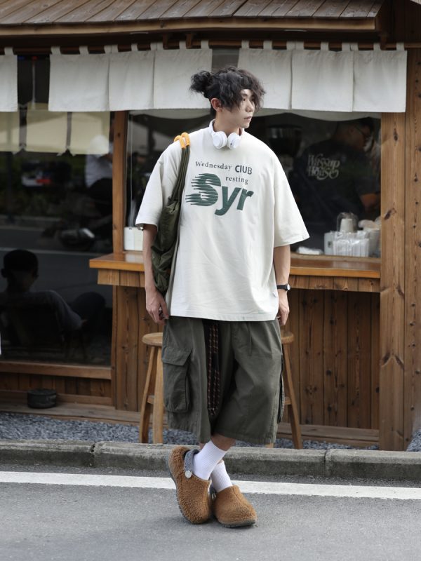 Japanese-Style Letter Print Heavyweight Round Neck Short Sleeve T-Shirt for Men - Loose Versatile Summer Tee