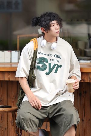 Japanese-Style Letter Print Heavyweight Round Neck Short Sleeve T-Shirt for Men - Loose Versatile Summer Tee
