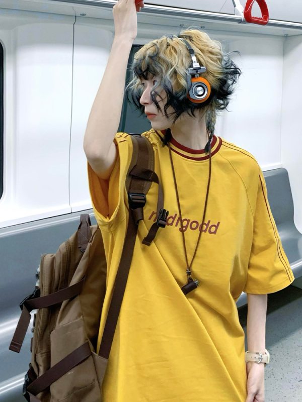 Japanese-Style Loose Short Sleeve Women's Color-Blocking Letter Print Raglan T-Shirt - Casual Summer Top