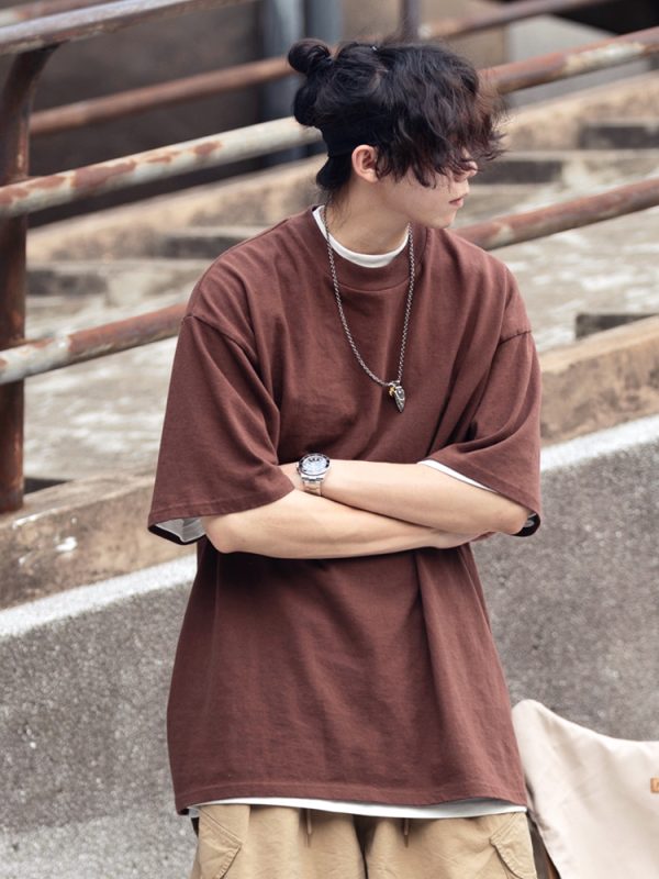 Japanese-Style Minimalist Heavyweight 250g Solid Color Short-Sleeve Men's T-Shirt - Loose Fit, Versatile Pure Cotton, Casual Wear