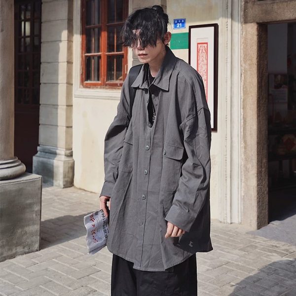 Japanese-Style Oversized Mid-Length Long Sleeve Shirt Jacket for Men - Casual 90s Inspired Fashion