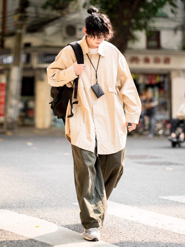Japanese-Style Oversized Mid-Length Long Sleeve Shirt Jacket for Men - Casual 90s Inspired Fashion