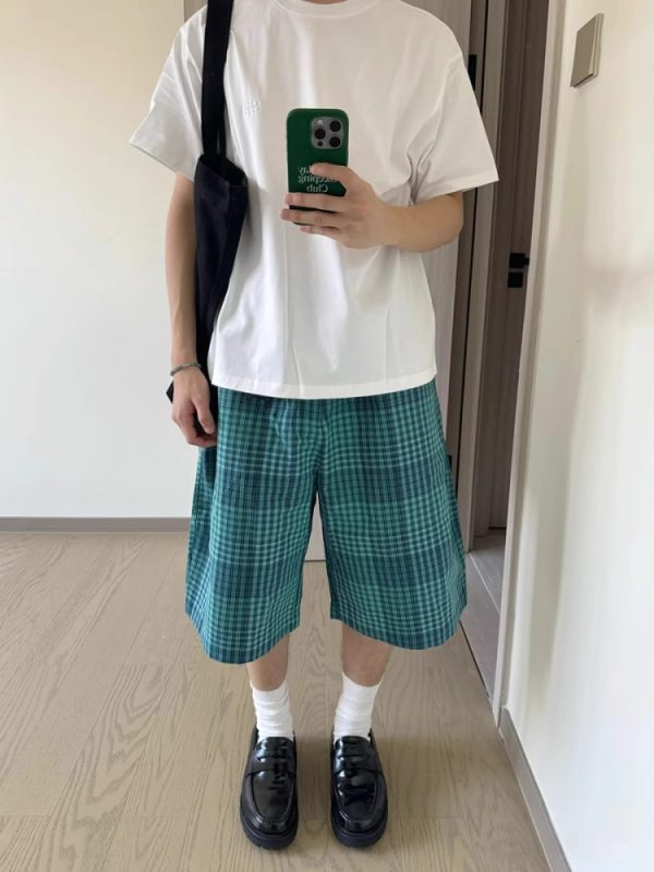 Japanese-Style Retro Blue Check Loose Shorts for Men and Women - Summer High Street Casual Five-Point Shorts, Couples' Versatile Fashion