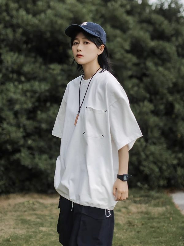 Japanese-Style Retro Cityboy Pocket Short-Sleeve T-Shirt for Men and Women - Summer Loose Casual Half-Sleeve Top