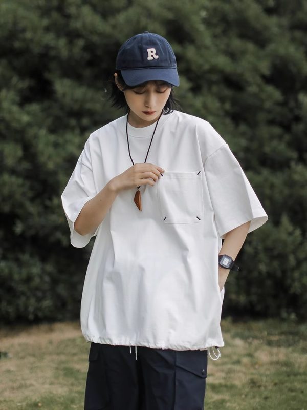 Japanese-Style Retro Cityboy Pocket Short-Sleeve T-Shirt for Men and Women - Summer Loose Casual Half-Sleeve Top
