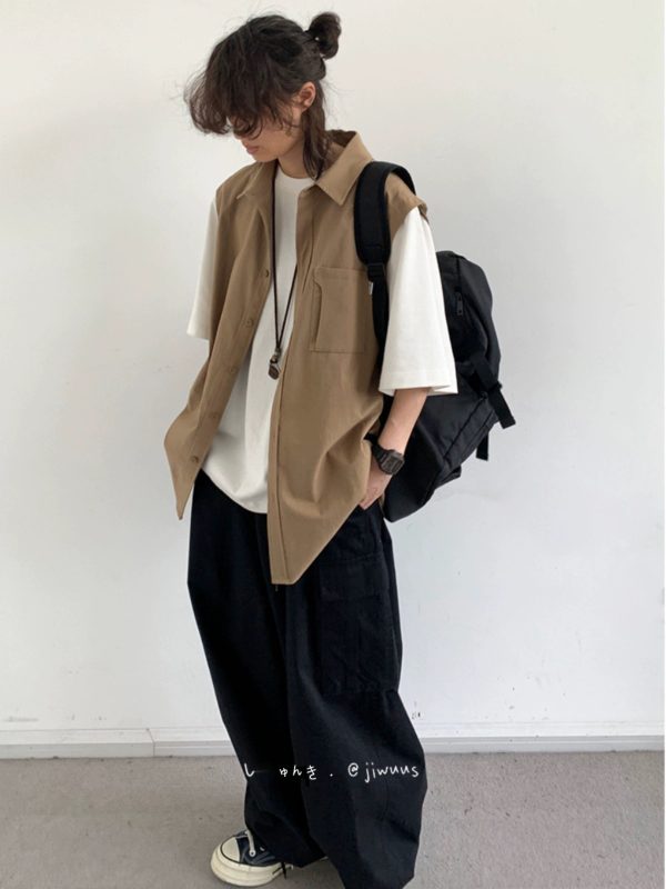 Japanese-Style Retro Fake Two-Piece Short Sleeve Shirt for Men and Women - Summer Loose Youth Couple Trendy Top