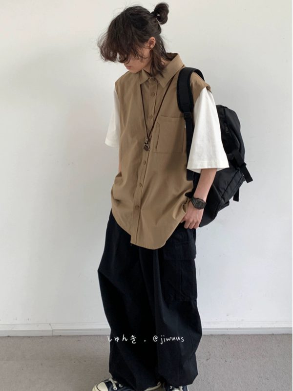 Japanese-Style Retro Fake Two-Piece Short Sleeve Shirt for Men and Women - Summer Loose Youth Couple Trendy Top
