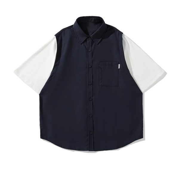 Japanese-Style Retro Fake Two-Piece Short Sleeve Shirt for Men and Women - Summer Loose Youth Couple Trendy Top