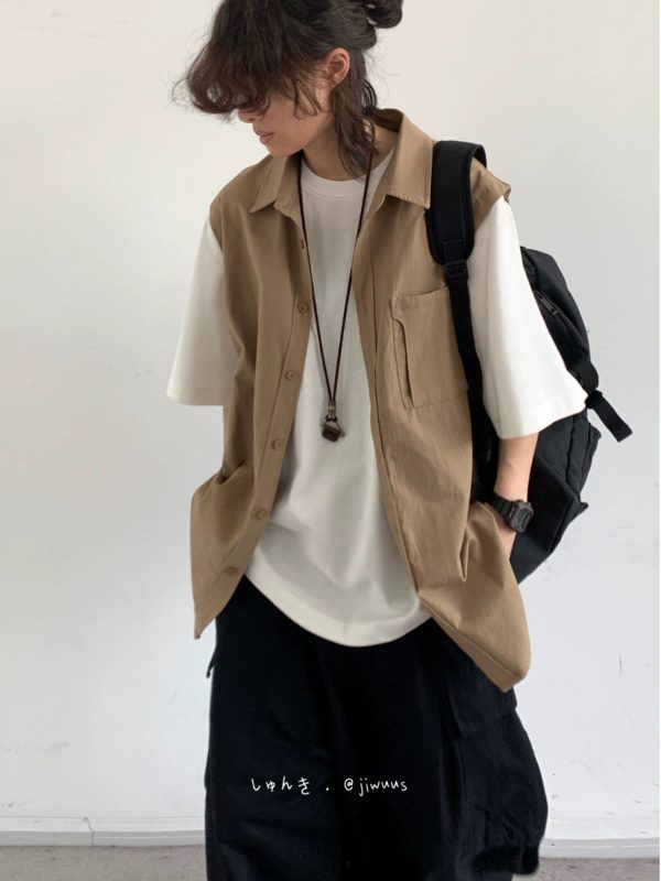 Japanese-Style Retro Fake Two-Piece Short Sleeve Shirt for Men and Women - Summer Loose Youth Couple Trendy Top