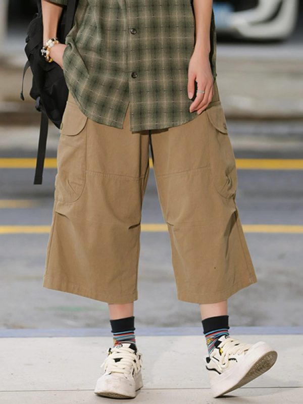 Japanese-Style Retro Loose Pocket Work Pants for Men and Women, Summer Street Fashion Casual Wide-Leg Cropped Trousers