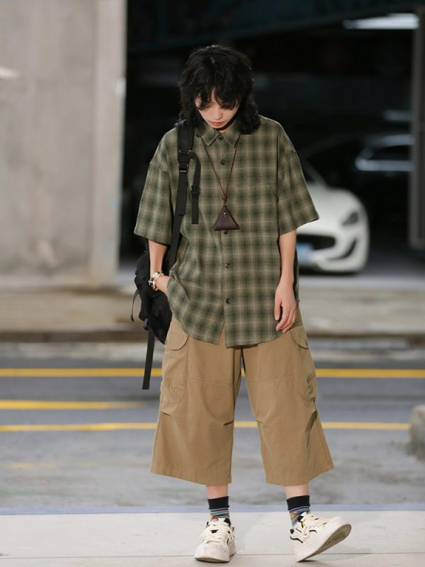 Japanese-Style Retro Loose Pocket Work Pants for Men and Women, Summer Street Fashion Casual Wide-Leg Cropped Trousers