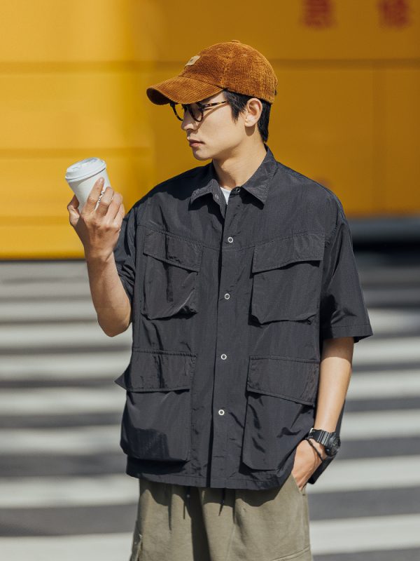 Japanese-Style Retro Multi-Pocket Short Sleeve Shirt Jacket for Men - Summer Casual Loose Fit Trendy Workwear