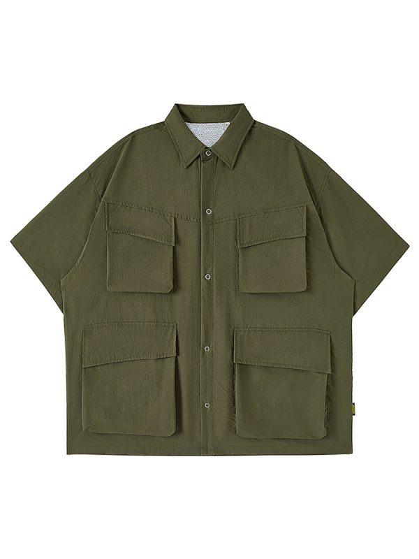 Japanese-Style Retro Multi-Pocket Short Sleeve Shirt Jacket for Men - Summer Casual Loose Fit Trendy Workwear