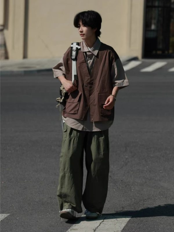 Japanese-Style Retro Patchwork Fake Two-Piece Color-Block Short Sleeve Shirt for Men and Women, Summer Casual Trend