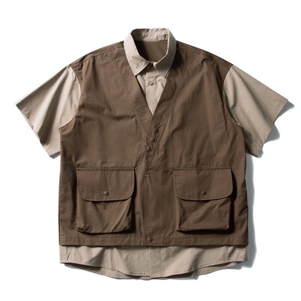 Japanese-Style Retro Patchwork Fake Two-Piece Color-Block Short Sleeve Shirt for Men and Women, Summer Casual Trend