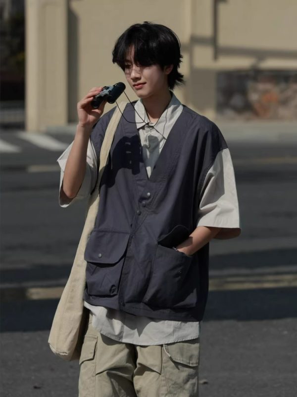Japanese-Style Retro Patchwork Fake Two-Piece Color-Block Short Sleeve Shirt for Men and Women, Summer Casual Trend