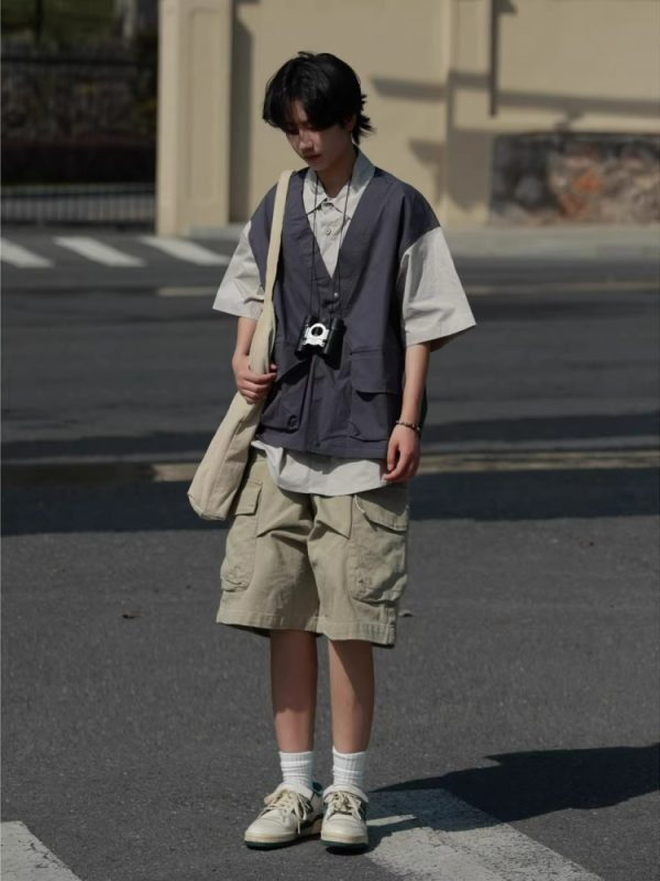 Japanese-Style Retro Patchwork Fake Two-Piece Color-Block Short Sleeve Shirt for Men and Women, Summer Casual Trend
