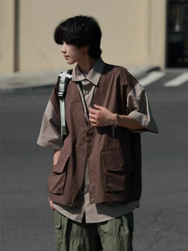 Japanese-Style Retro Patchwork Fake Two-Piece Color-Block Short Sleeve Shirt for Men and Women, Summer Casual Trend