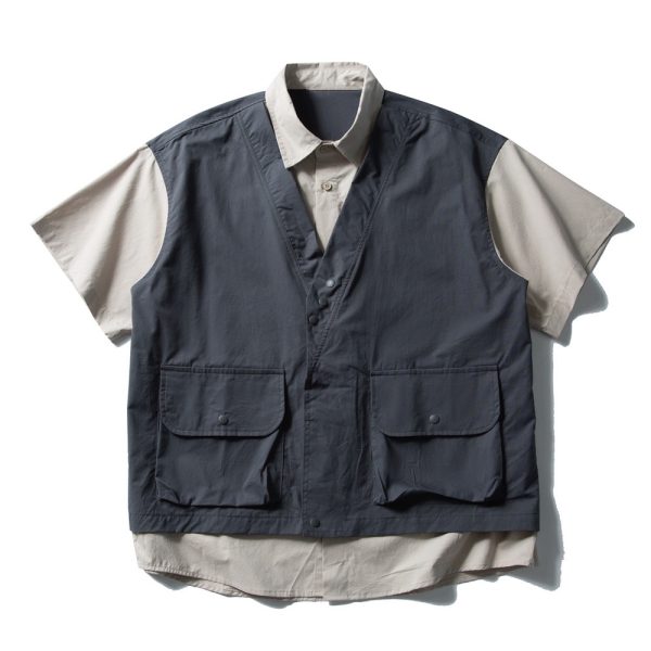 Japanese-Style Retro Patchwork Fake Two-Piece Color-Block Short Sleeve Shirt for Men and Women, Summer Casual Trend