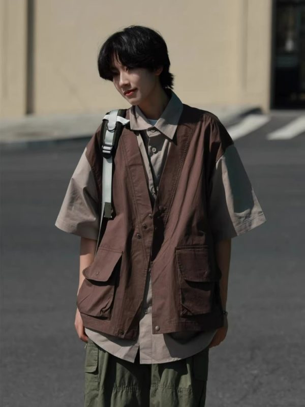 Japanese-Style Retro Patchwork Fake Two-Piece Color-Block Short Sleeve Shirt for Men and Women, Summer Casual Trend