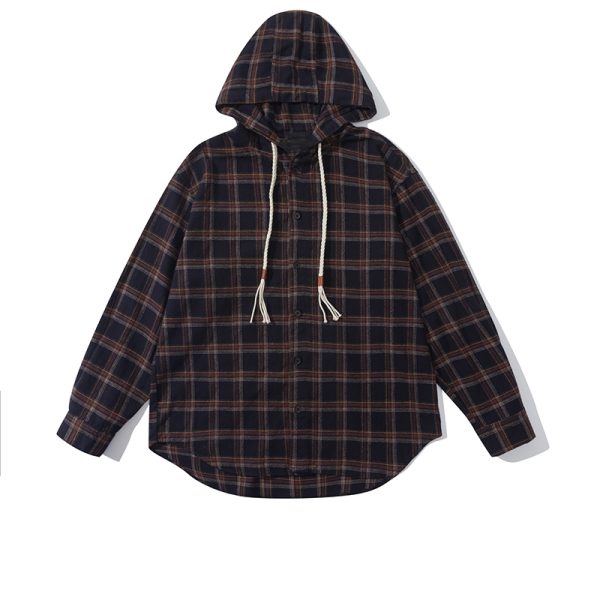 Japanese-Style Retro Plaid Hooded Long Sleeve Shirt for Men and Women - Casual College Trendy Jacket for Spring and Autumn
