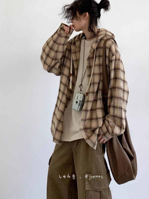 Japanese-Style Retro Plaid Hooded Long Sleeve Shirt for Men and Women - Casual College Trendy Jacket for Spring and Autumn