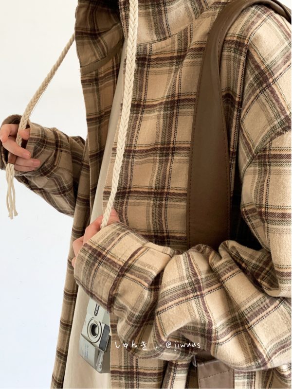 Japanese-Style Retro Plaid Hooded Long Sleeve Shirt for Men and Women - Casual College Trendy Jacket for Spring and Autumn