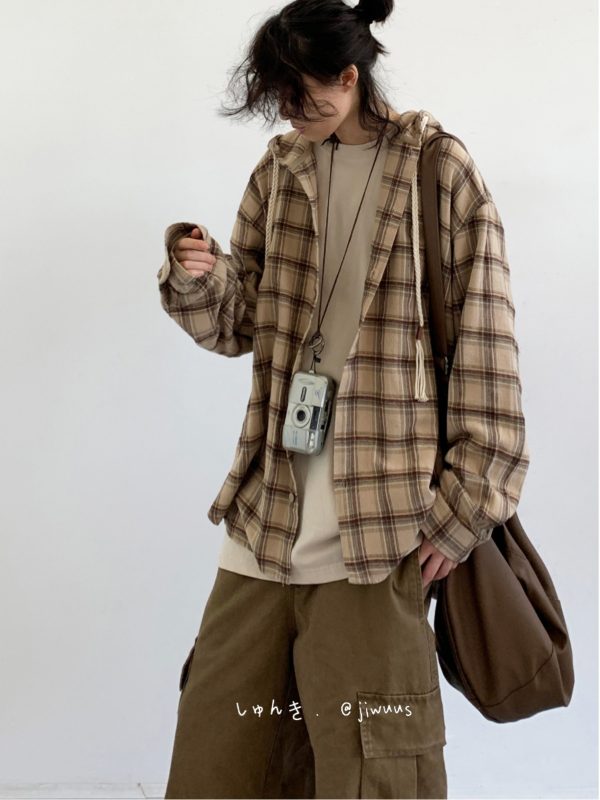 Japanese-Style Retro Plaid Hooded Long Sleeve Shirt for Men and Women - Casual College Trendy Jacket for Spring and Autumn