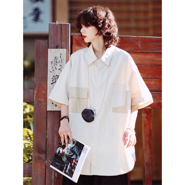 Japanese Style Retro Street Fashion Short Sleeve Shirt for Men & Women with Patch Pockets - Loose Fit Workwear Top
