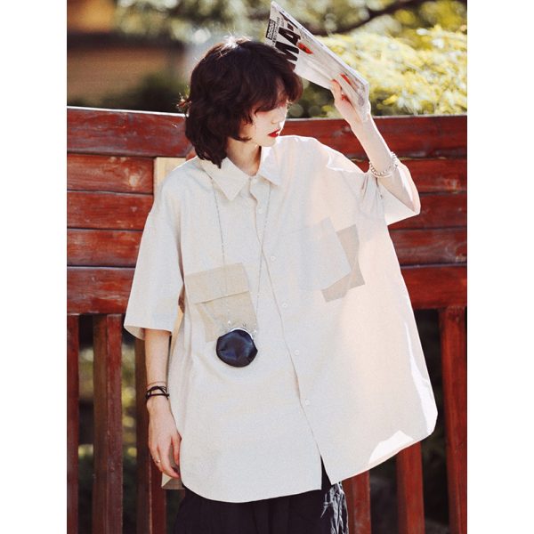 Japanese Style Retro Street Fashion Short Sleeve Shirt for Men & Women with Patch Pockets - Loose Fit Workwear Top