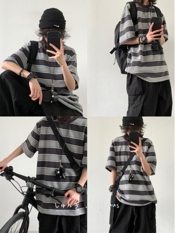 Japanese-Style Retro Striped Round Neck Short Sleeve T-Shirt for Summer, Unisex Loose College Style Half-Sleeve Top
