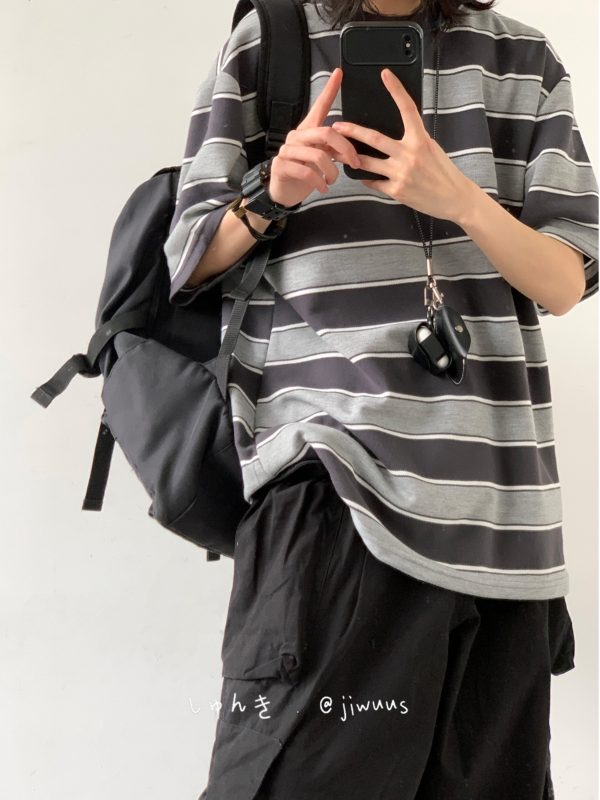 Japanese-Style Retro Striped Round Neck Short Sleeve T-Shirt for Summer, Unisex Loose College Style Half-Sleeve Top