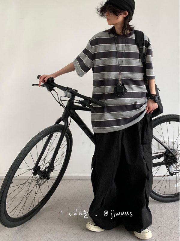 Japanese-Style Retro Striped Round Neck Short Sleeve T-Shirt for Summer, Unisex Loose College Style Half-Sleeve Top